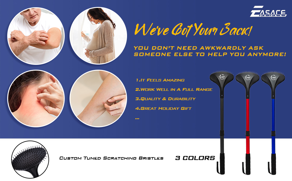 easace telescopic back scratcher with long handle 21.5 inch adjustable backscratchers telescoping for women men pregnant extendable head body scratcher retractable over sized bristled scratcher（blue）