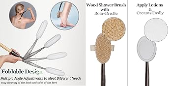 easace long handle bath body brush & lotion applicator for back scrubber, shower brush with soft bristles for wet or dry
