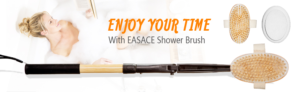 easace long handle bath body brush & lotion applicator for back scrubber, shower brush with soft bristles for wet or dry